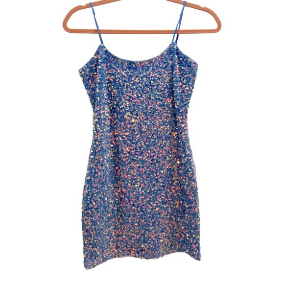 Velve Junior's Sequin Bodycon Mini Dress Baby Blue Adjustable Straps Party Small - Picture 2 of 6